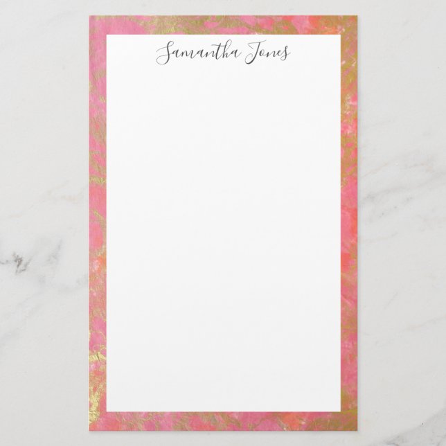 Papeterie Marbre rose feuille or métal | Personnalisé (Devant)