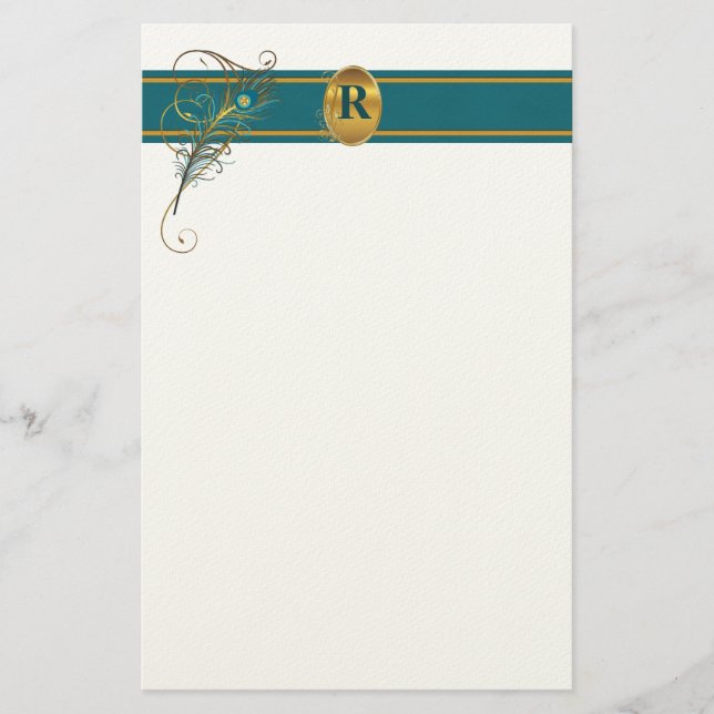 Papeterie Mariage Peacock Monogramme en Turquoise et or (Devant)