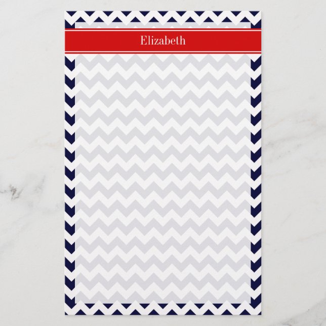 Papeterie Marine Bleu Blanc Chevron Zig Zag Rouge Nom Monogr (Devant)
