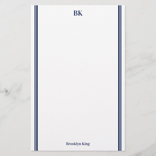 Papeterie Marine Blue Double Lines Monogramme & Nom (Devant)
