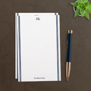 Papeterie Marine Blue Double Lines Monogramme & Nom