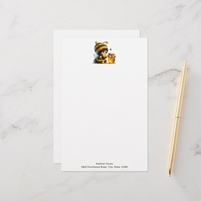 Papeterie Mignonne fille en costume d'abeille avec miel (Devant/Arrière en situation)