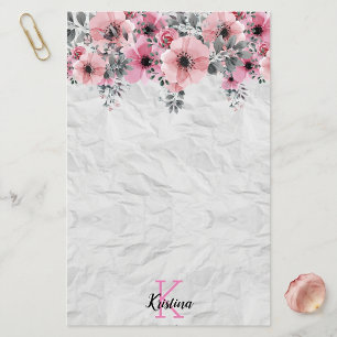 Papeterie Monogramme à texture froissée florale rose aquarel
