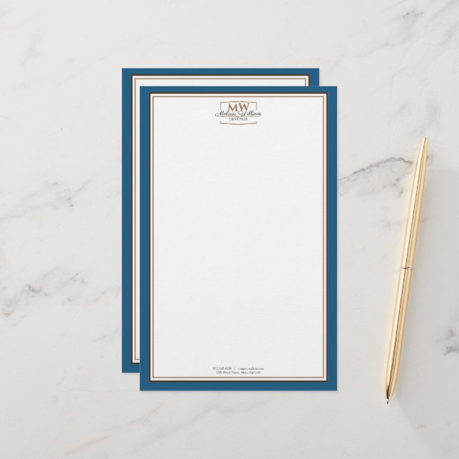 Papeterie Monogramme blanc bleu simple (Devant/Arrière en situation)