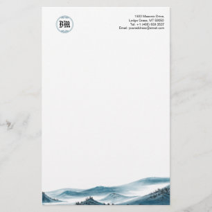 Papeterie Monogramme Blue White Mountain View Paper