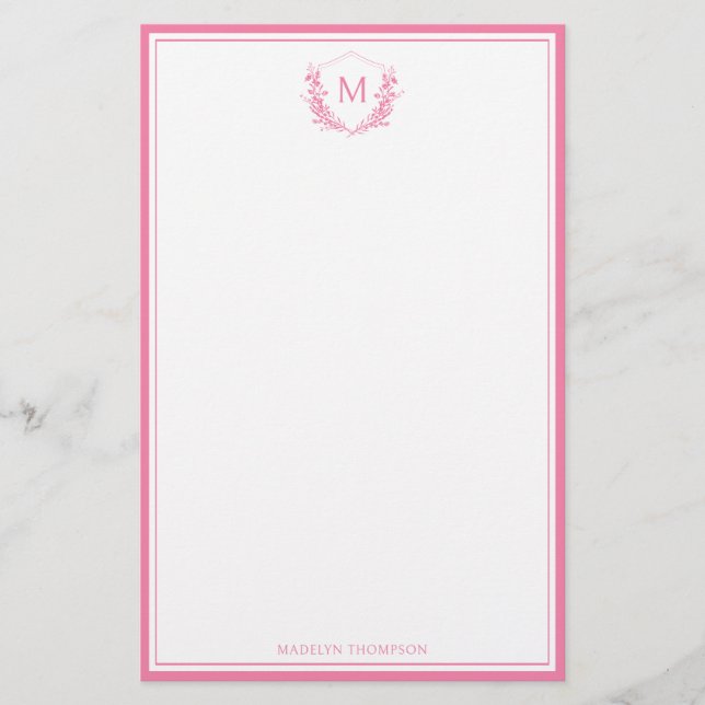 Papeterie Monogramme classique Cimier rose double bordure (Devant)