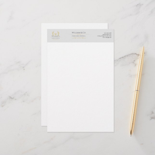 Papeterie Monogramme classique Laurel Wreath Grey Gold (Devant/Arrière en situation)