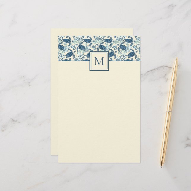 Papeterie Monogramme de tortue de mer bleu et crème (Devant/Arrière en situation)