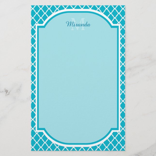 Papeterie Monogramme et nom de Quatrefoil bleu turquoise cla (Devant)