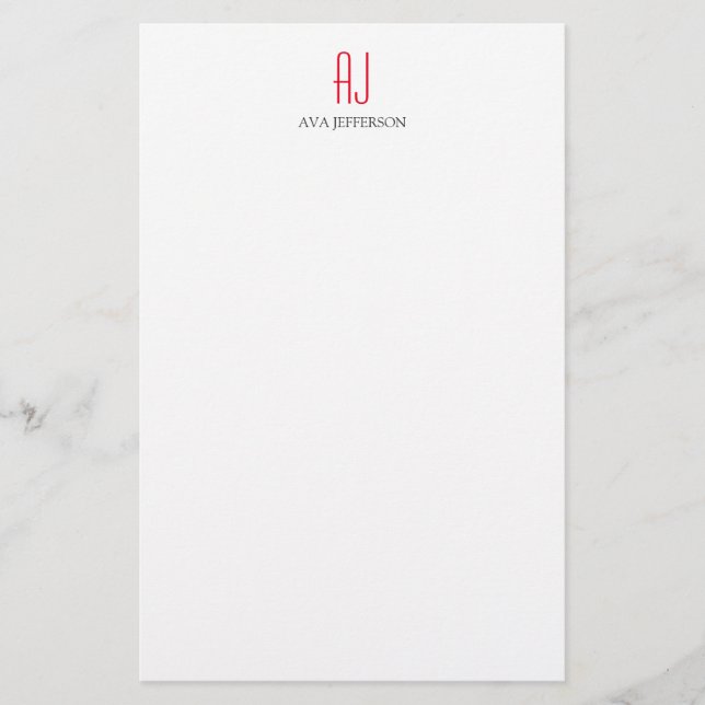 Papeterie Monogramme moderne blanc rouge vertical simple (Devant)