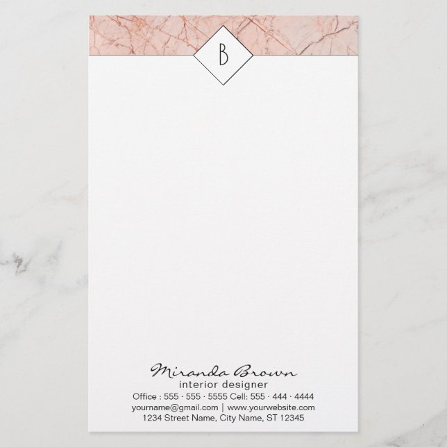 Papeterie Monogramme Rose Gold Marble Coordonnées Papier de  (Devant)