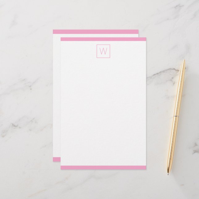 Papeterie Monogramme simple rose et blanc (Devant/Arrière en situation)