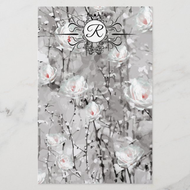 Papeterie Motif blanc rose floral hiver gris (Devant)