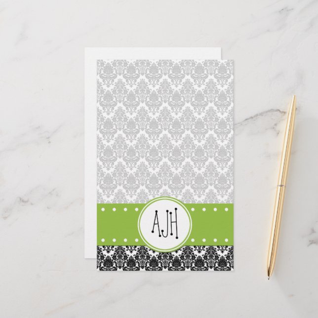 Papeterie Motif Damas, Damas noir et blanc, Monogramme (Devant/Arrière en situation)