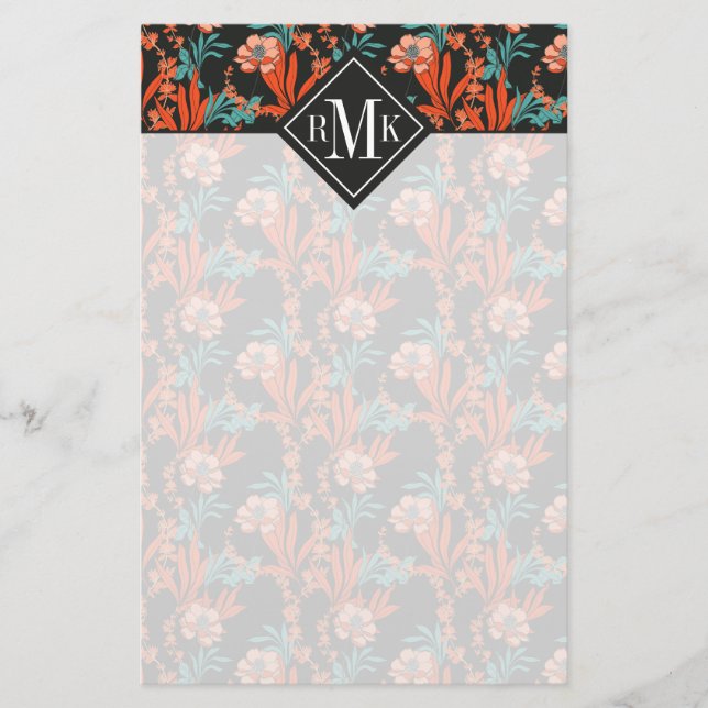 Papeterie Motif floral d'abrégé sur orange du monogramme | (Devant)