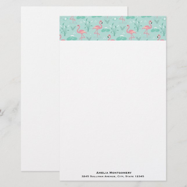 Papeterie Motif vert Flamants roses rose Pastel (Devant / Derrière)