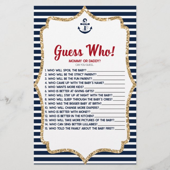 Papeterie Nautical Navy Blue Devinez Qui ! Jeu baby shower (Devant)