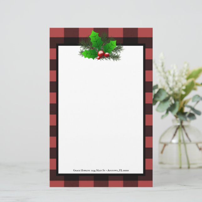Papeterie Noël Holly Buffalo Plaid Personnalisé (Debout devant)