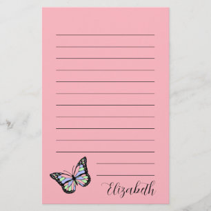 Papeterie Nom de script rose et noir mignon Papillon coloré