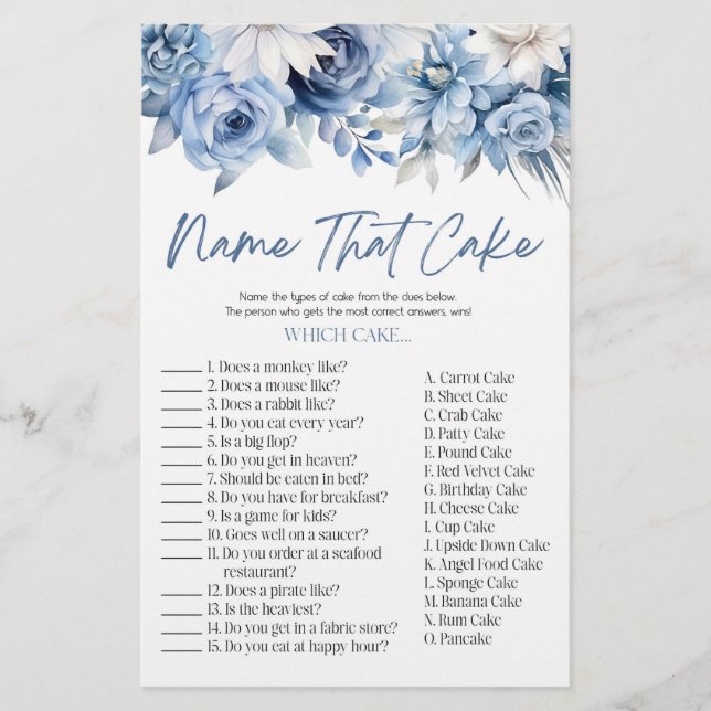 Papeterie Nom Floral Bleu qui gâteau Fête des mariées jeu (Devant)