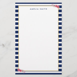 Papeterie Nom Preppy Chic Blue Stripes Fleurs roses