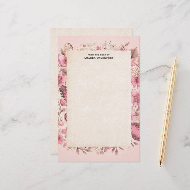 Papeterie Notes de musique et Fleurs style rétro (Devant/Arrière en situation)