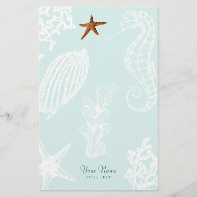 Papeterie Ocean aqua seashell nom du motif personnalisé (Devant)