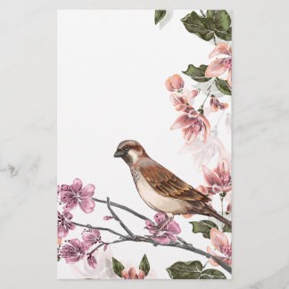 Papeterie Oiseau sur une branche avec les fleurs roses