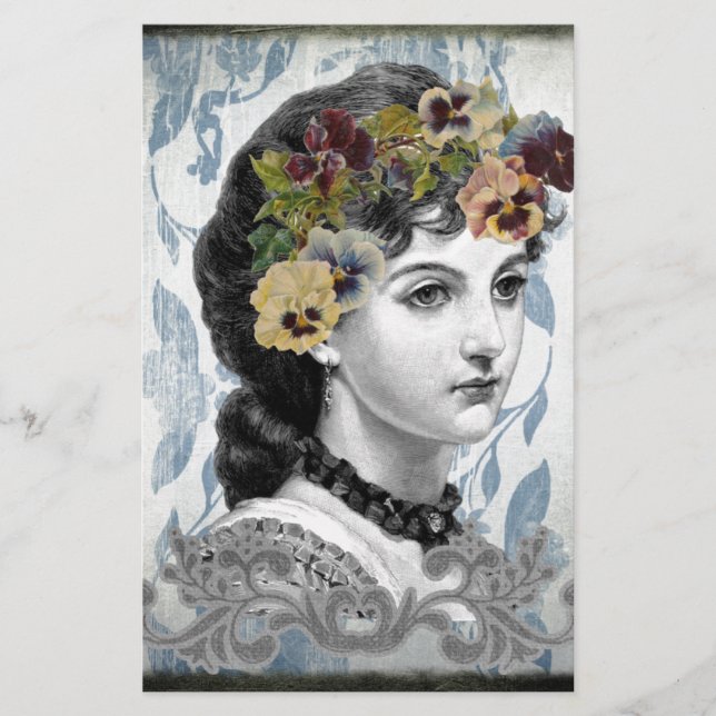 Papeterie Pansies d'une femme victorienne sur une tapisserie (Devant)