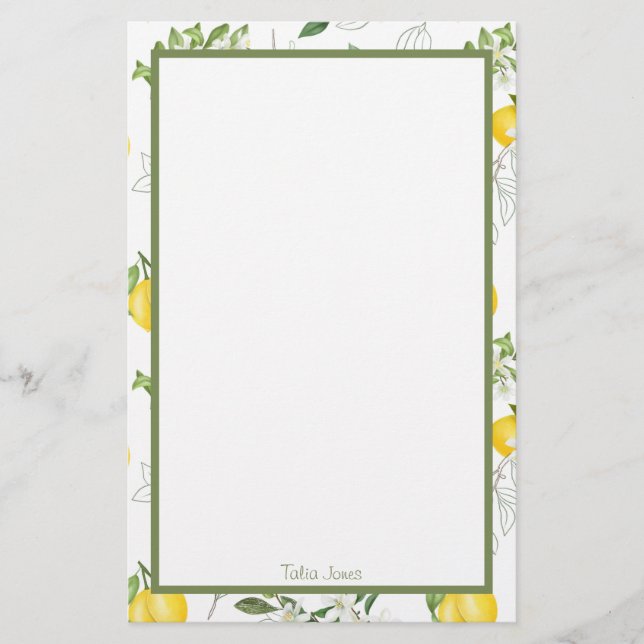 Papeterie Papier à lettres à citron et à fleurs personnalisé (Devant)