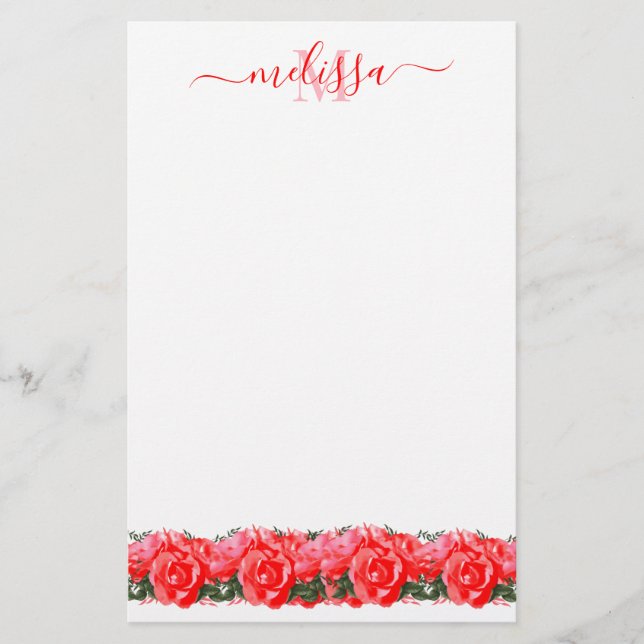 Papeterie Papier à lettres élégante au Monogramme rouge Rose (Devant)