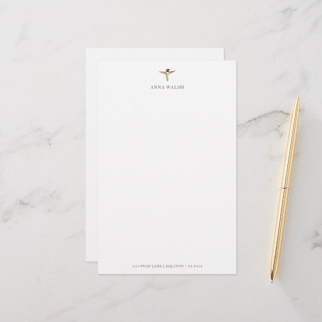 Papeterie Papier à lettres personnalisées pour colibri blanc (Devant/Arrière en situation)