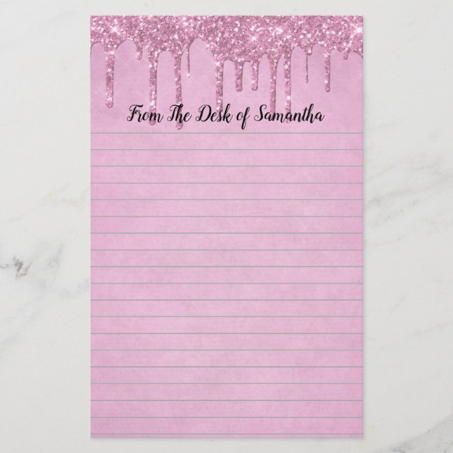 Papeterie Papier à lettres rose personnalisé avec paillettes (Devant)