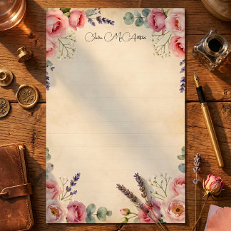 Papeterie Papier ligné floral rose poudré aquarelle vintage