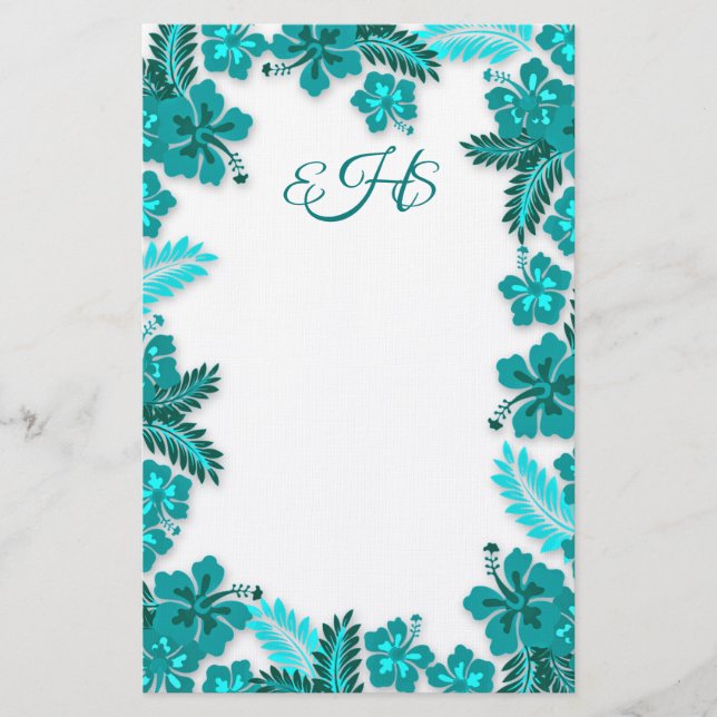 Papeterie Papier vierge monogramme turquoise Aqua Hibiscus (Devant)
