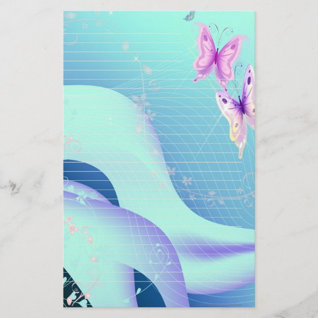 Papeterie Papillon rose dans les vagues de stationnaire bleu (Devant)