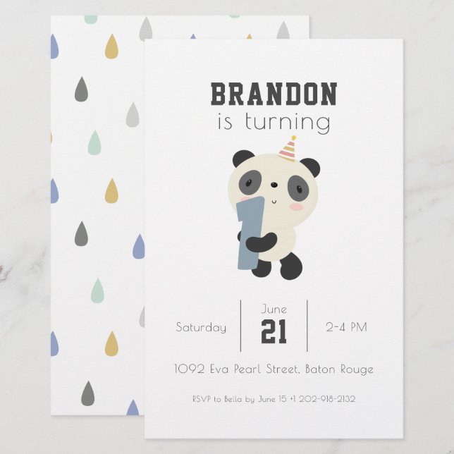 Papeterie Personnalisable Panda Premier Anniversaire Invitat (Devant / Derrière)