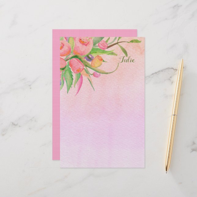 Papeterie personnalisée en fleurs, rose et jeune (Devant/Arrière en situation)