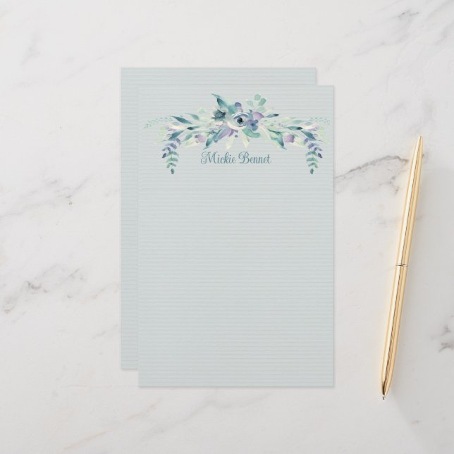Papeterie personnalisée Rose bleu et Turquoise (Devant/Arrière en situation)
