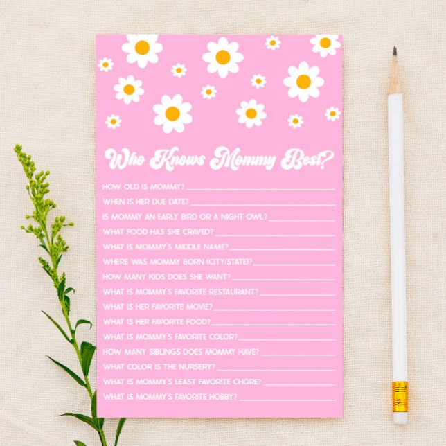 Papeterie Pink Retro Daisy Qui Connaît Mommy Baby shower Jeu (Créateur téléchargé)