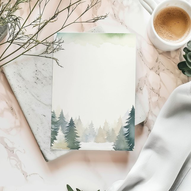 Papeterie Plaine de pins verts à thème hivernal (Watercolor forest stationery with pine tree border and soft green accents.)