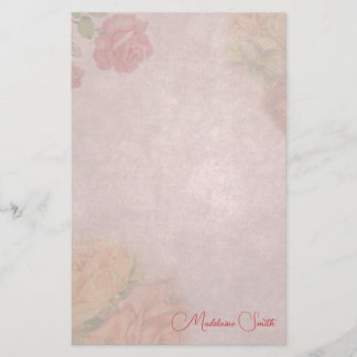 Papeterie Rose Florale Vintage Nom Personnalisé