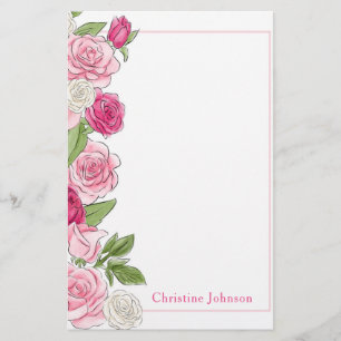 Papeterie Roses florales roses et blanches Personnalisées