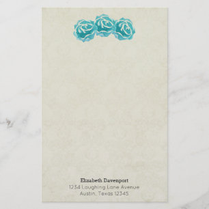 Papeterie Roses turquoises d'aquarelle sur le motif Tan Dama