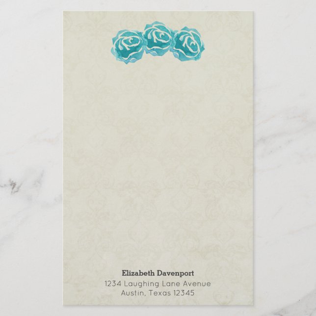Papeterie Roses turquoises d'aquarelle sur le motif Tan Dama (Devant)