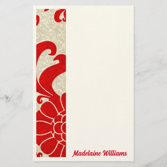 Papeterie Rouge Ruby Damask Vintage Thème avec nom (Devant)
