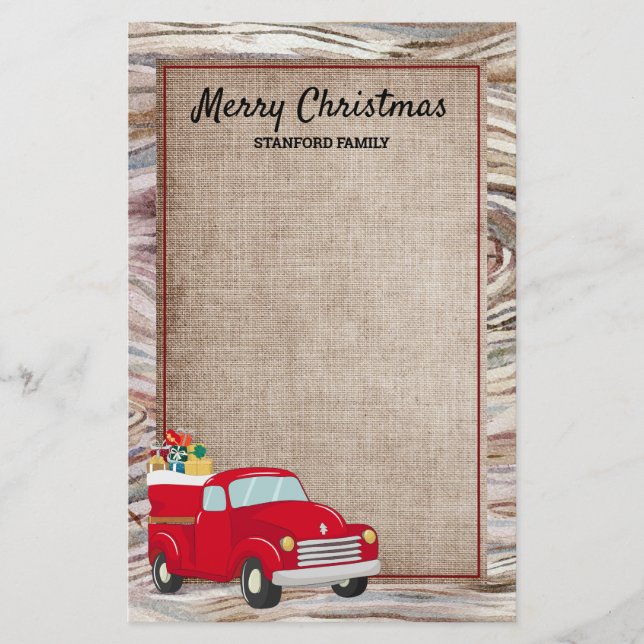 Papeterie Rustic Wood Burlap Camion Rouge Cadeaux de Noël (Devant)