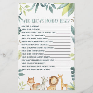 Papeterie Safari animal qui connaît maman Baby shower jeu