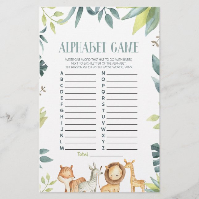 Papeterie Safari Wild Zoo Animaux Alphabet Baby shower Jeu (Devant)