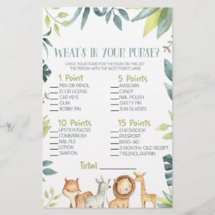 Papeterie Safari Zoo Animal What's In Purse Baby shower Jeu